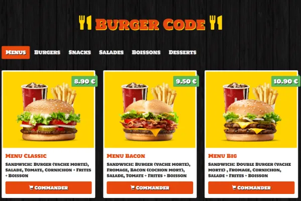 copie d'écran de
                                                                                   la page d'accueil de Burger Code